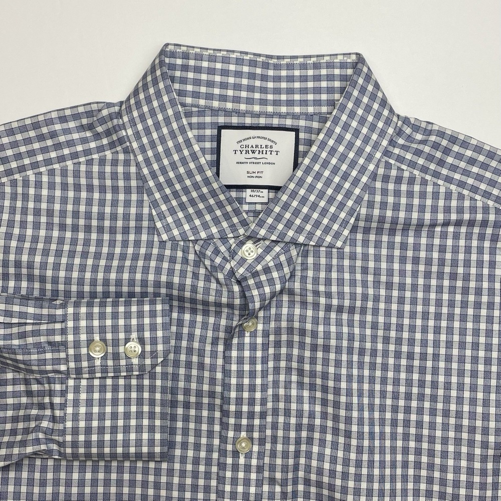 Charles Tyrwhitt Dress Shirt Men's 18 - 37 Slim Fit Blue White Check Gingham